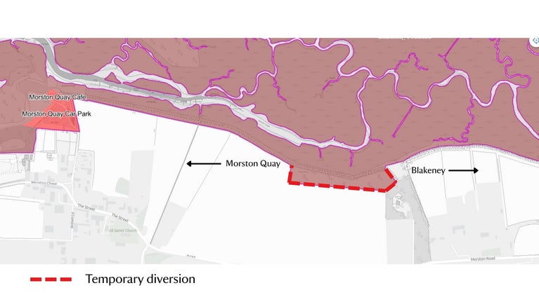 Map showing the temporary diversion along the Norfolk Coast Path, between Morston Quay and Blakeney.